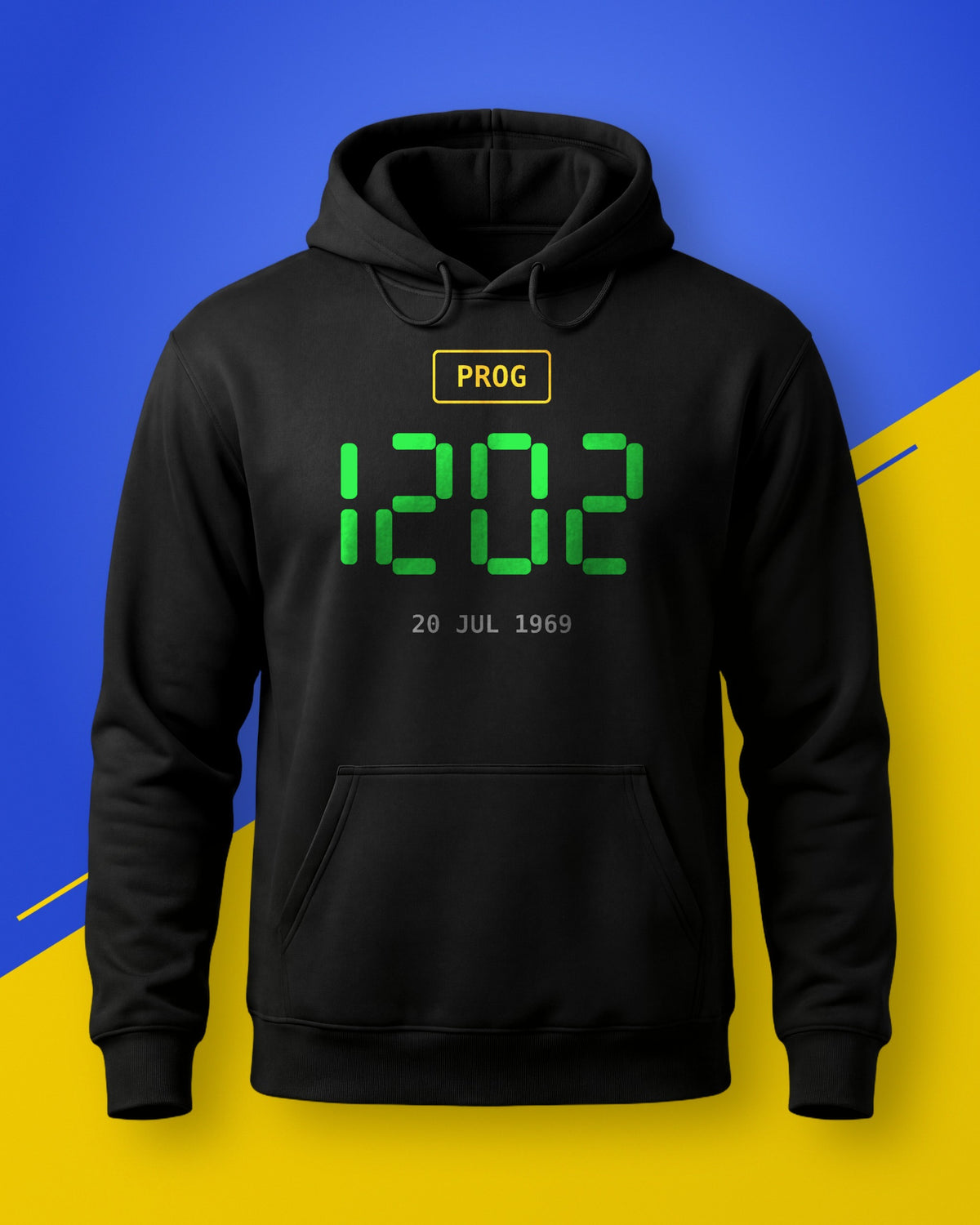 Black unisex hoodie with a green 1202 program alarm print, on a blue and yellow background
