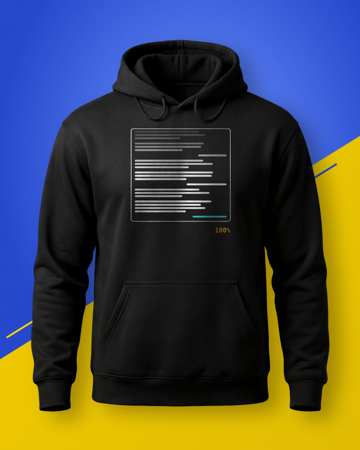 Black unisex hoodie with a chat window print and a cyan progress bar, on a blue and yellow background