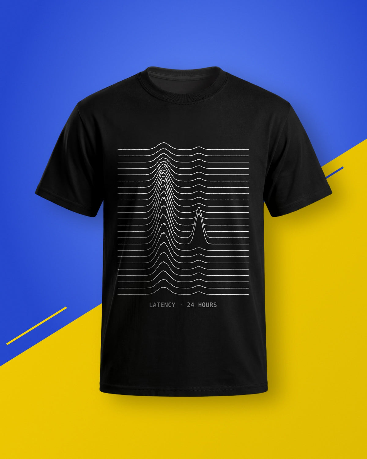 Black unisex T-shirt with a white ridgeline latency chart print, on a blue and yellow background
