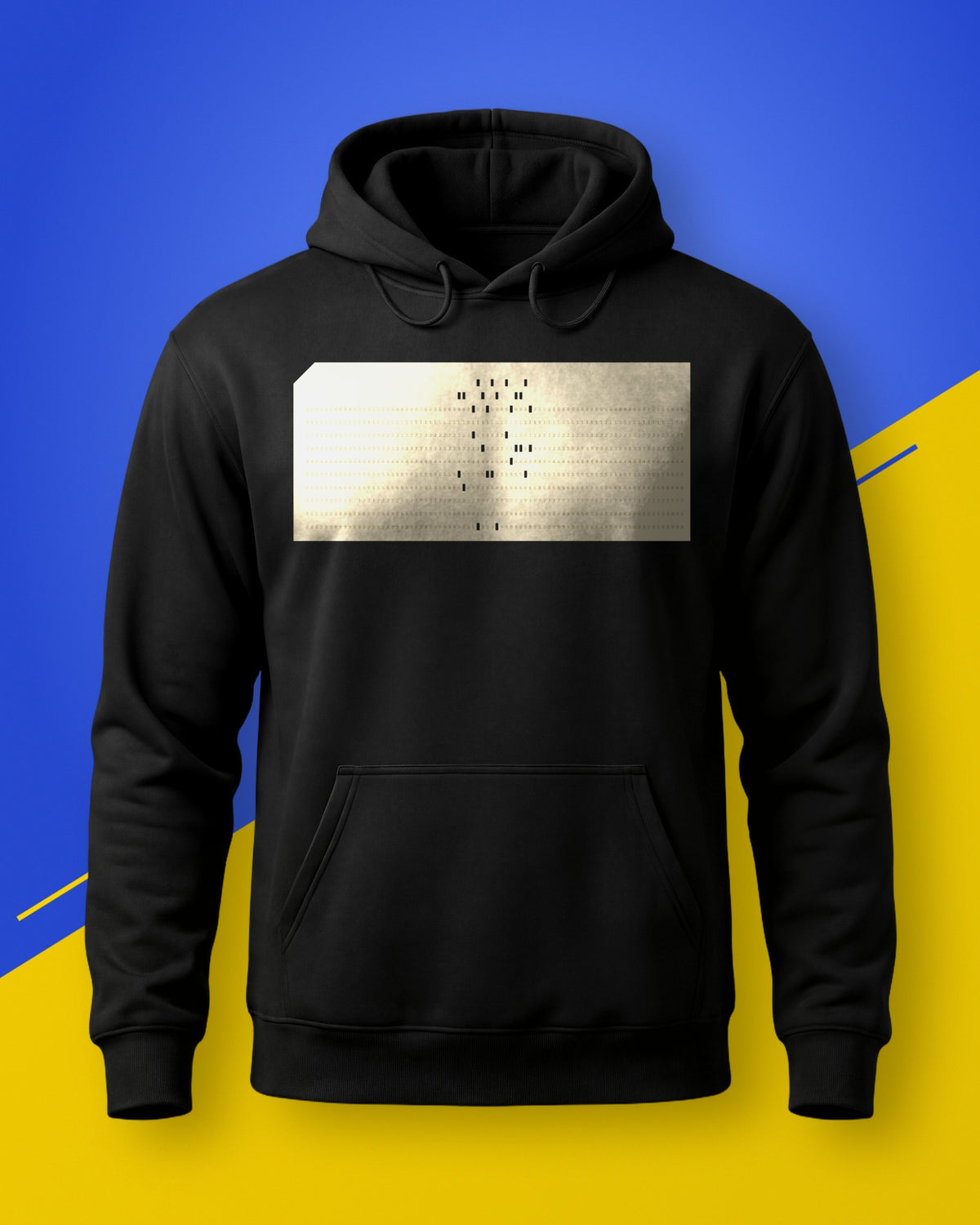 Black unisex hoodie with a cream punched card print, on a blue and yellow background