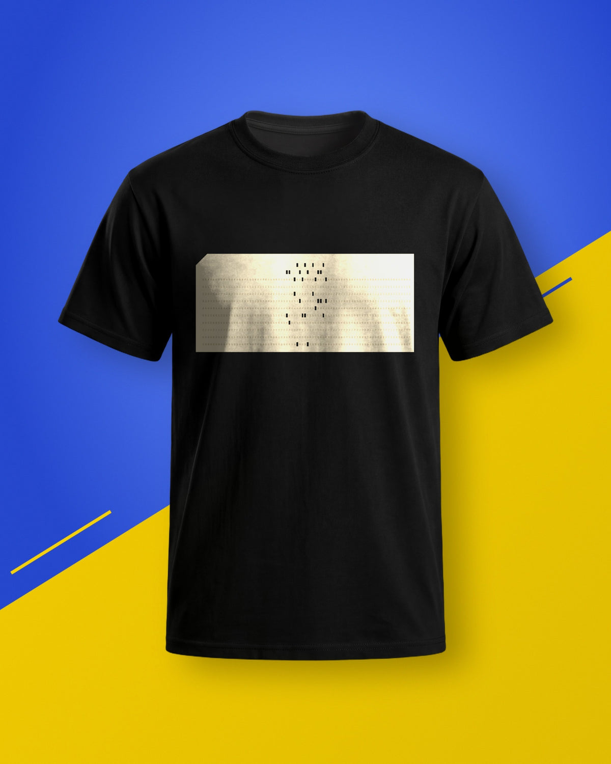 Black unisex T-shirt with a cream punched card print, on a blue and yellow background