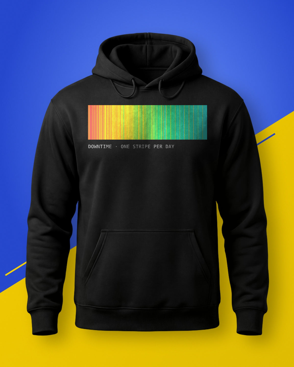 Black unisex hoodie with a red to cyan stripe chart print, on a blue and yellow background