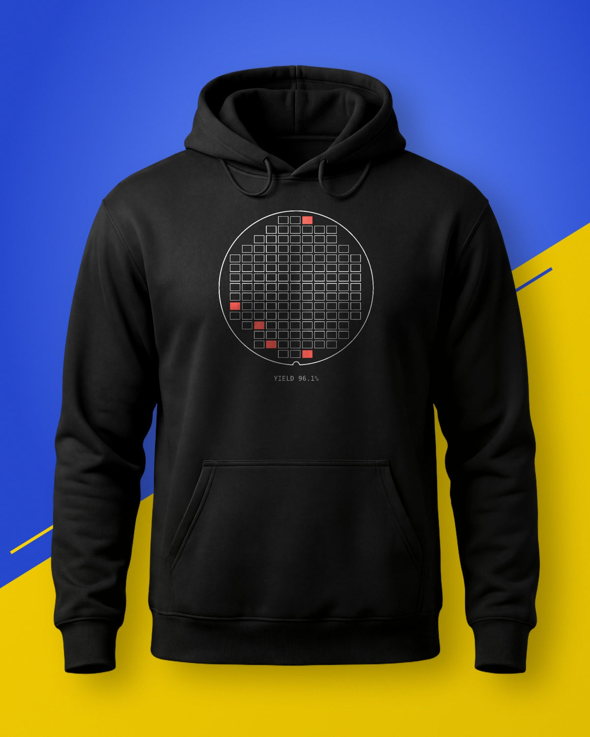 Black unisex hoodie with a wafer map print and red failed dies, on a blue and yellow background