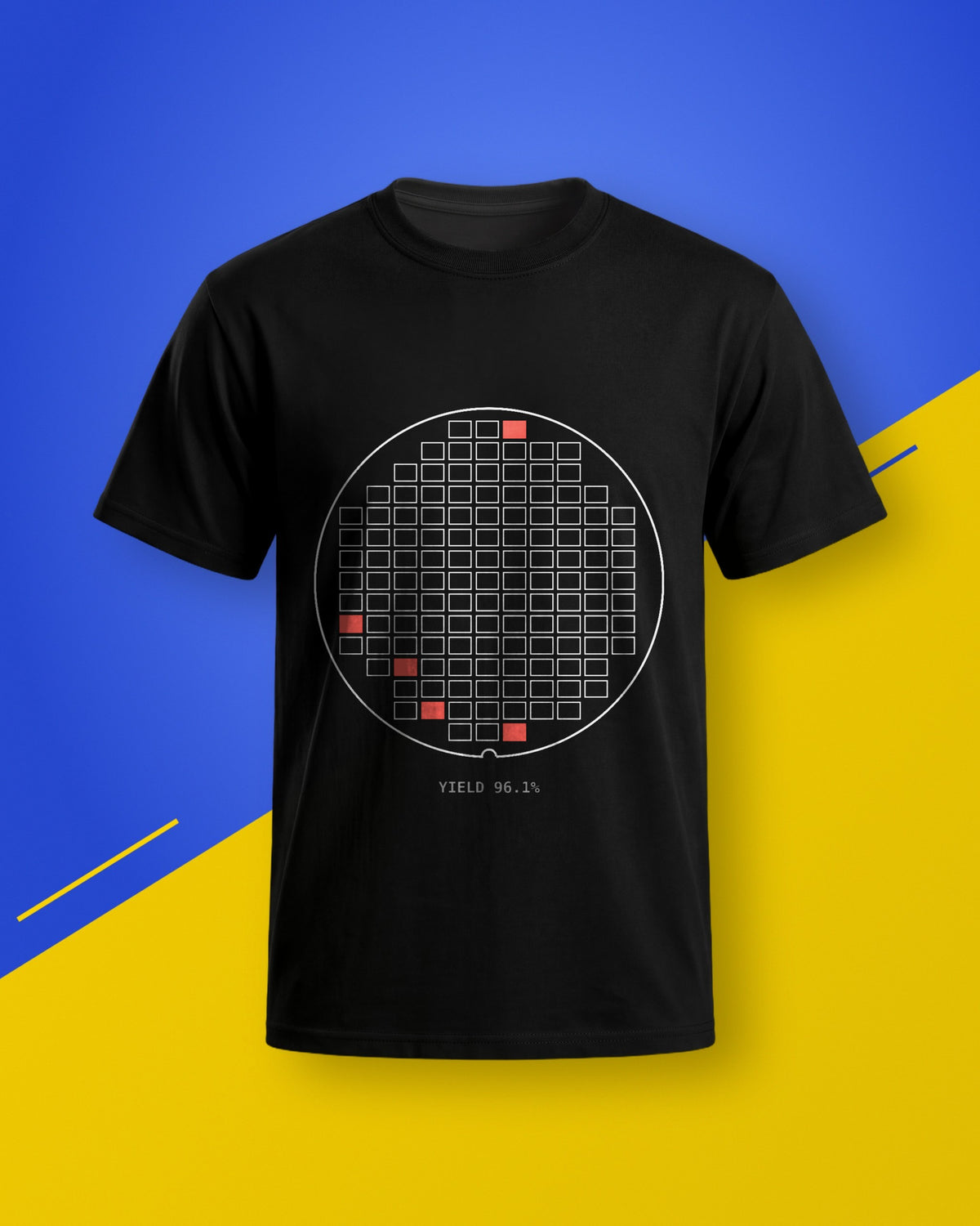 Black unisex T-shirt with a wafer map print and red failed dies, on a blue and yellow background