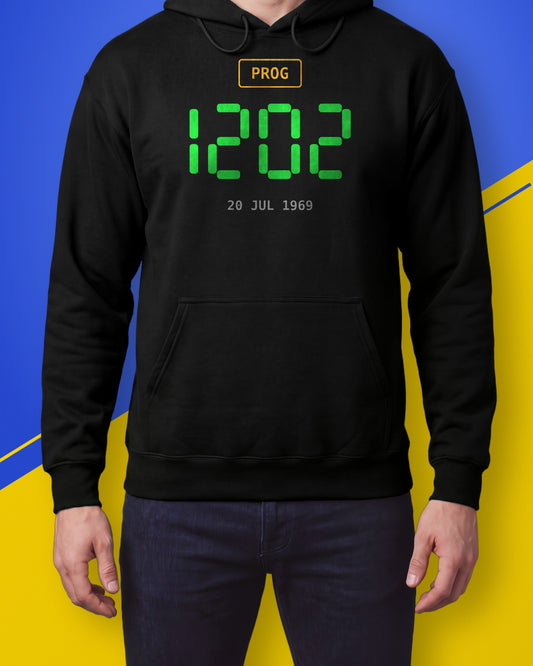 Model wearing a black hoodie with a green 1202 alarm code and the date 20 JUL 1969 on the chest