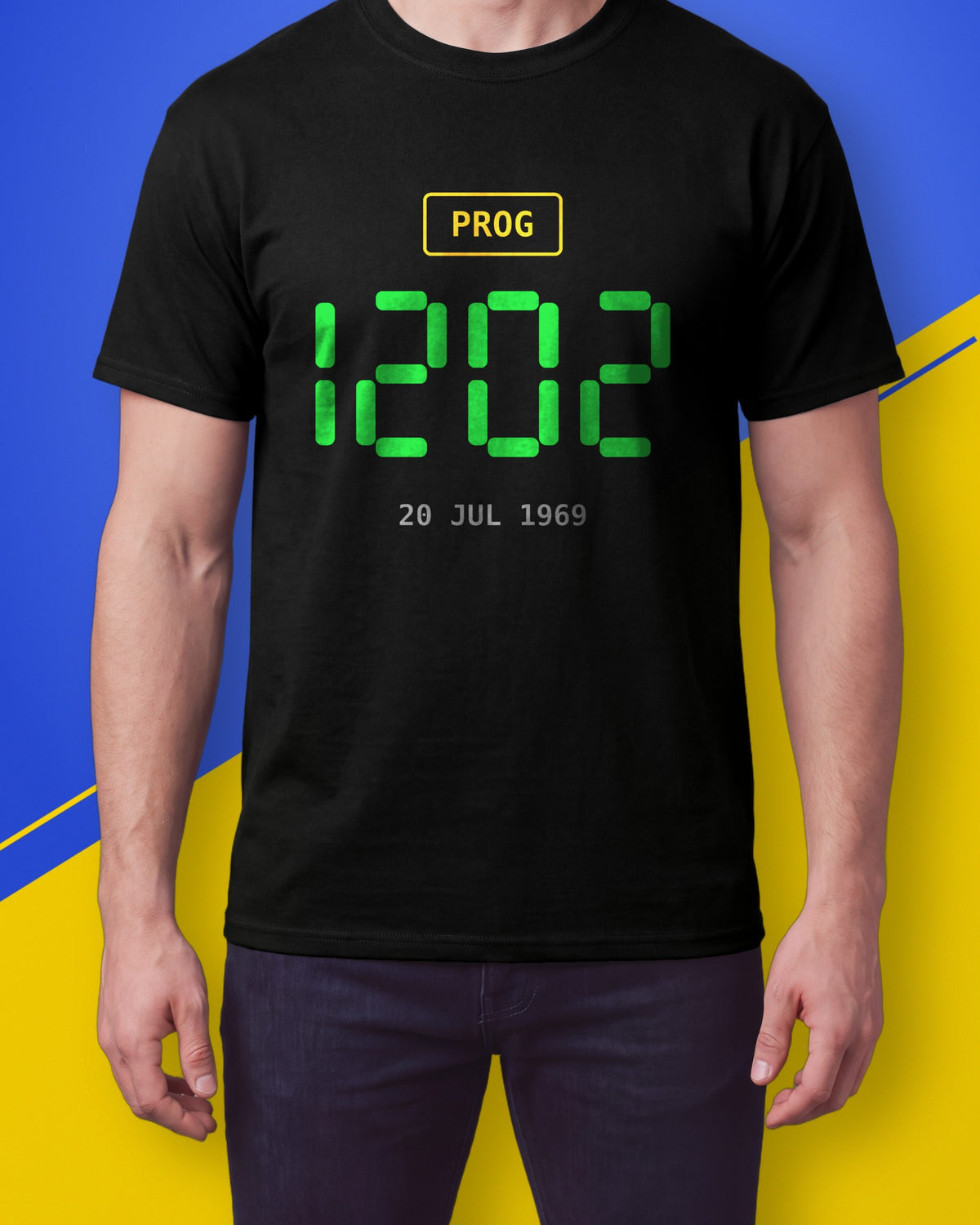 Model wearing a black T-shirt with a green 1202 alarm code and the date 20 JUL 1969 on the chest