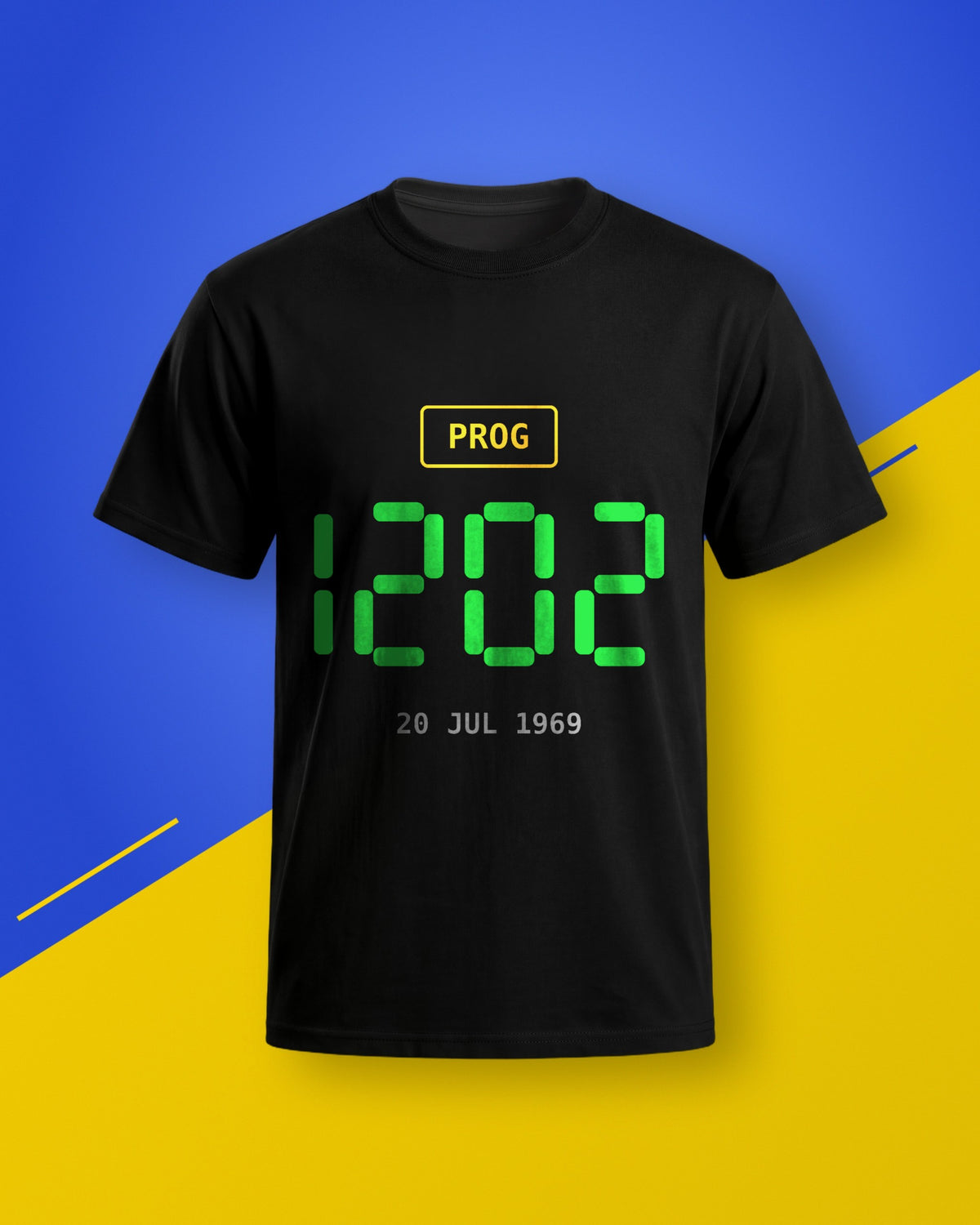 Black unisex T-shirt with a green 1202 program alarm print, on a blue and yellow background