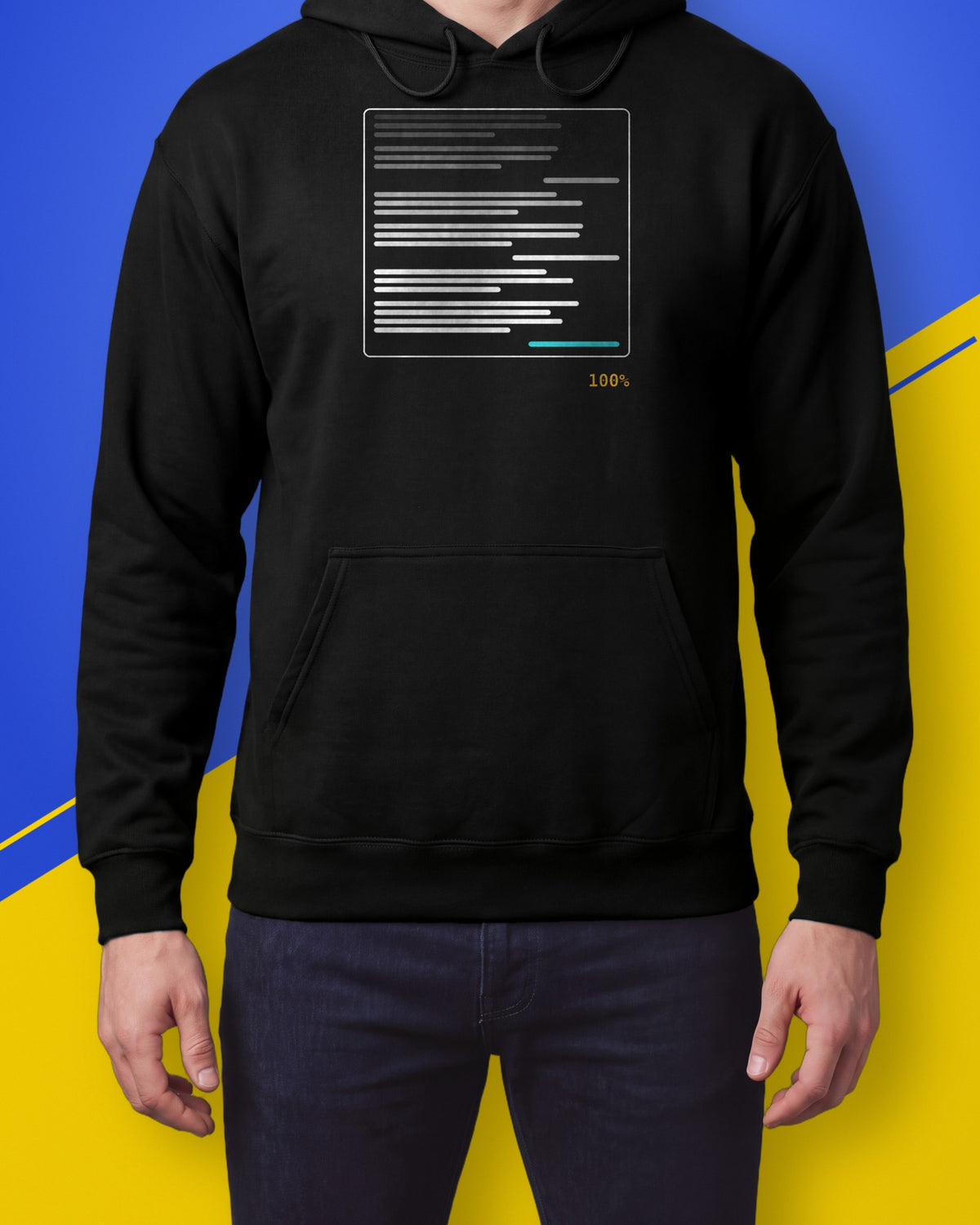Model wearing a black hoodie with a white chat window outline filled to 100 percent on the chest