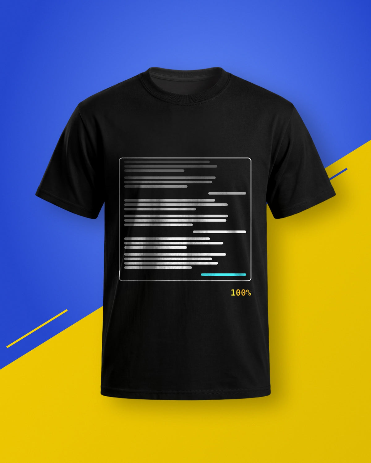 Black unisex T-shirt with a chat window print and a cyan progress bar, on a blue and yellow background