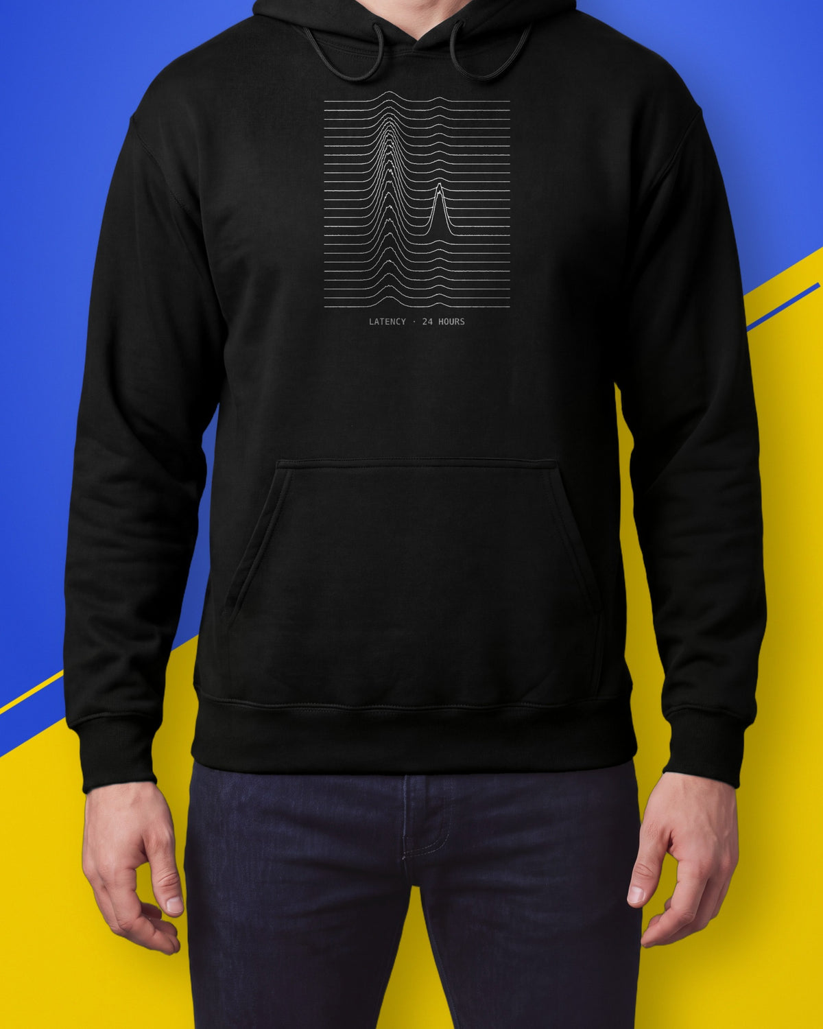 Model wearing a black hoodie with white stacked latency ridgelines and the label LATENCY 24 HOURS