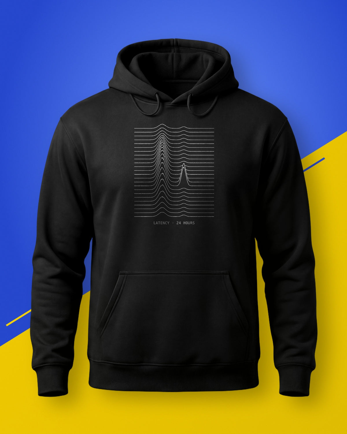 Black unisex hoodie with a white ridgeline latency chart print, on a blue and yellow background