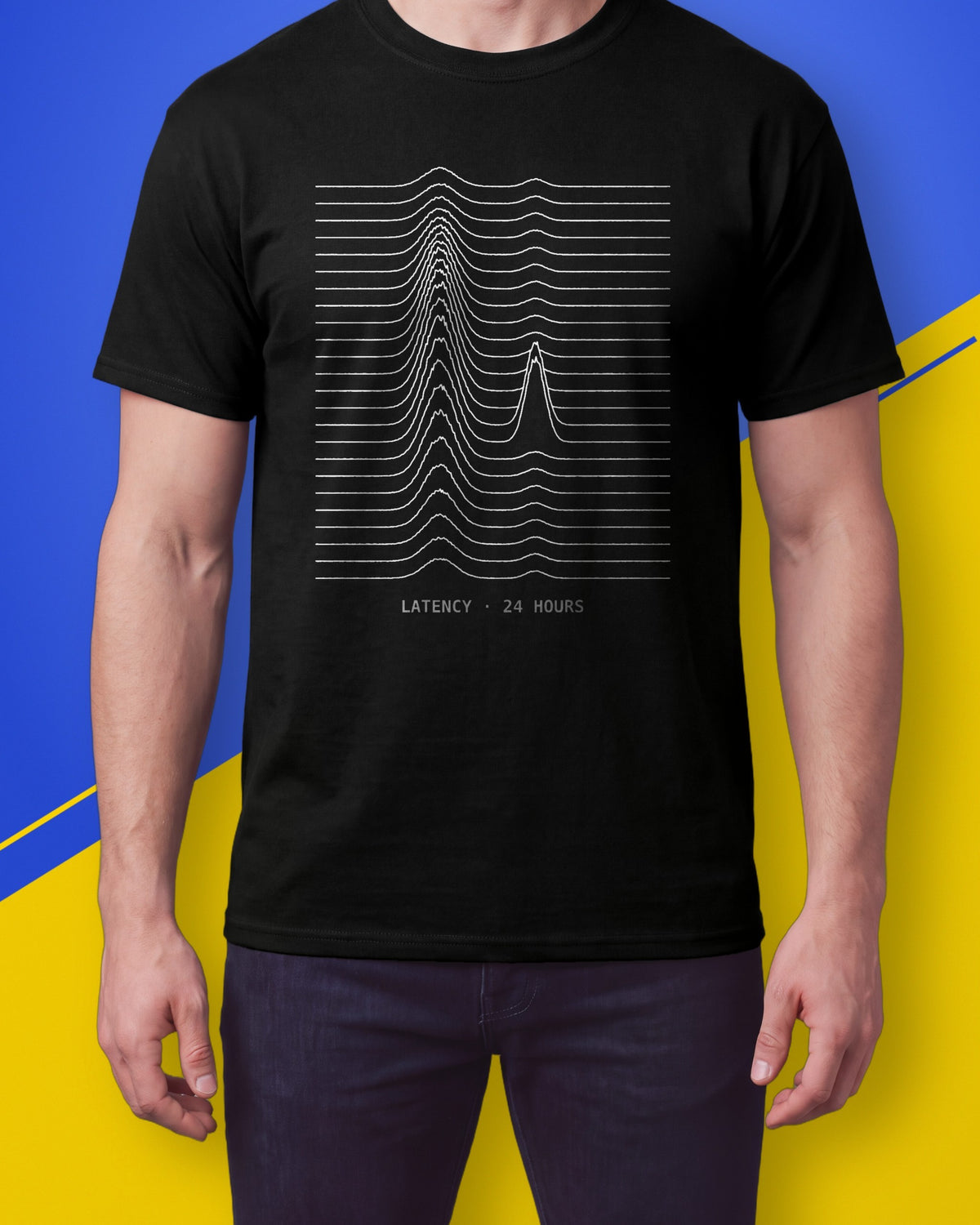 Model wearing a black T-shirt with white stacked latency ridgelines and the label LATENCY 24 HOURS