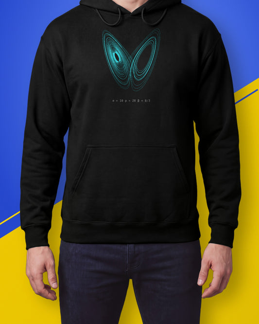 Model wearing a black hoodie with a cyan Lorenz attractor butterfly and its three constants