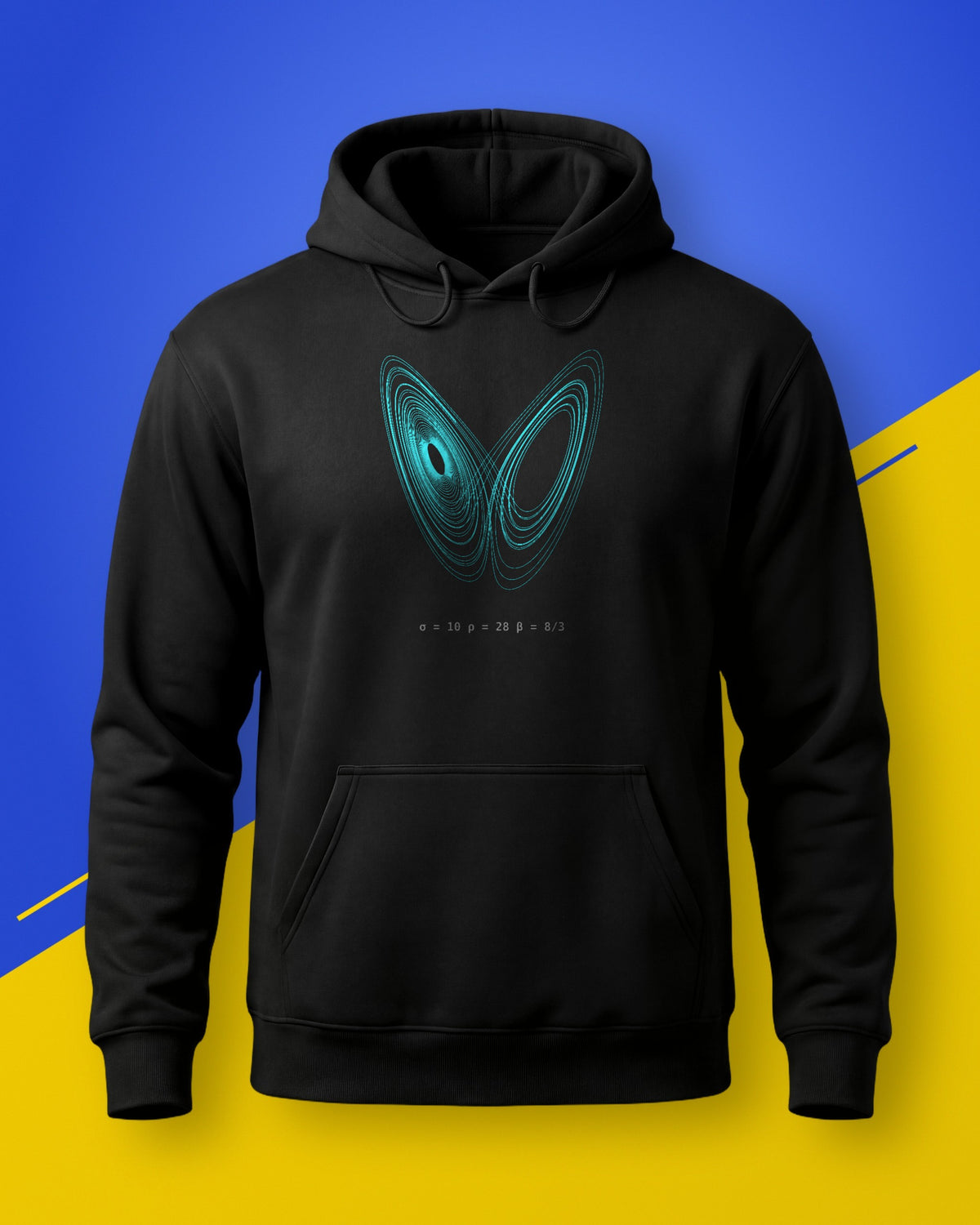 Black unisex hoodie with a cyan Lorenz attractor print, on a blue and yellow background