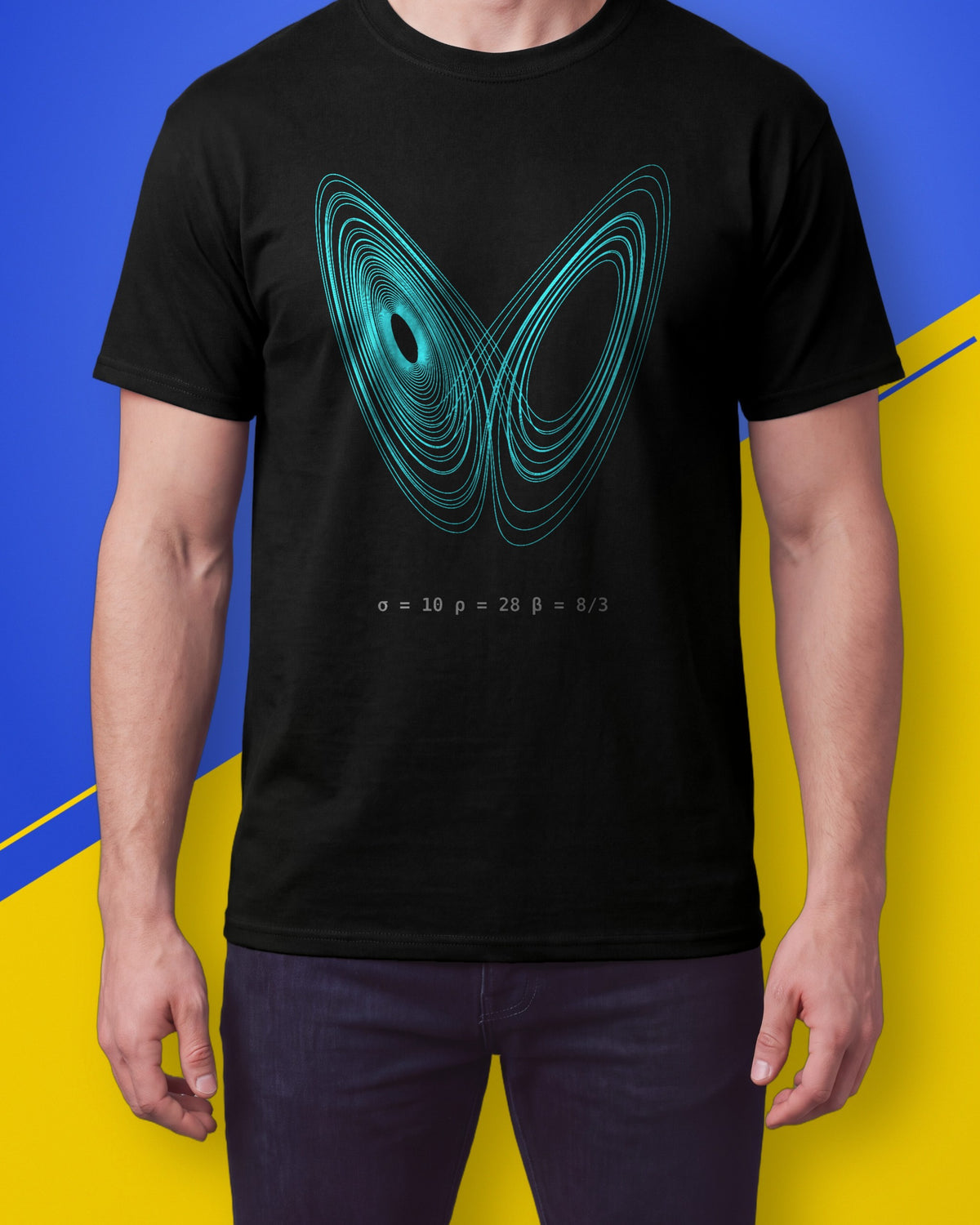 Model wearing a black T-shirt with a cyan Lorenz attractor butterfly and its three constants