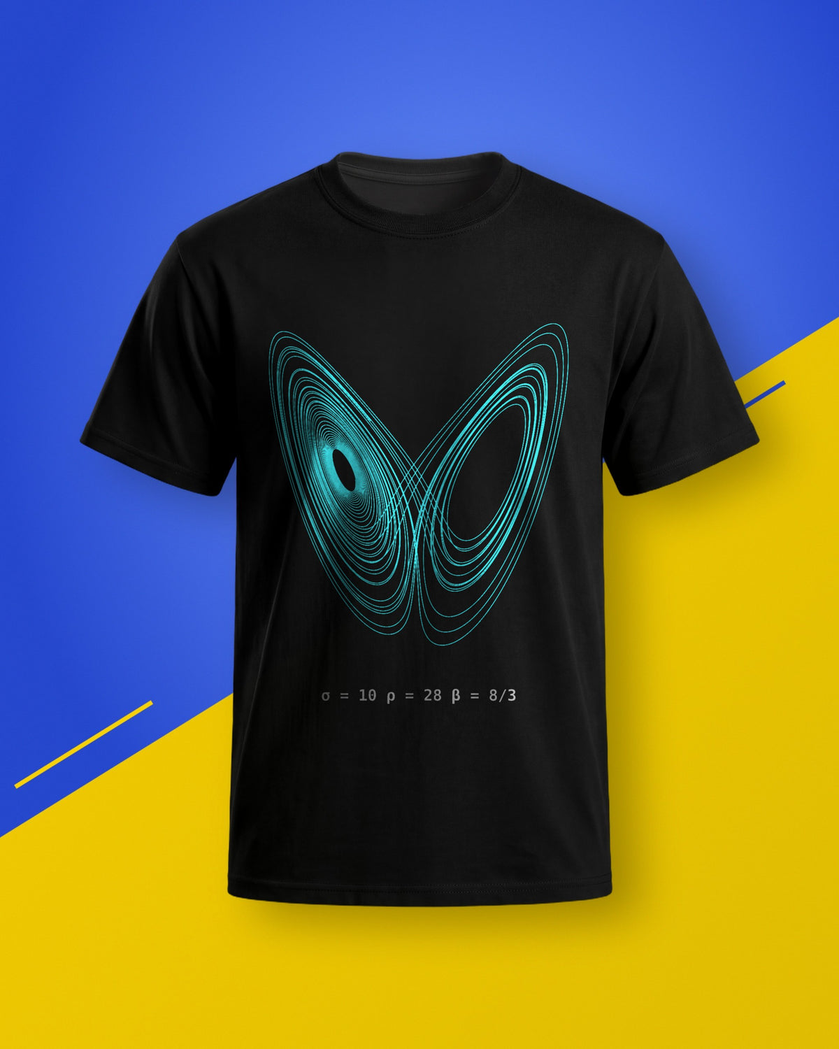 Black unisex T-shirt with a cyan Lorenz attractor print, on a blue and yellow background