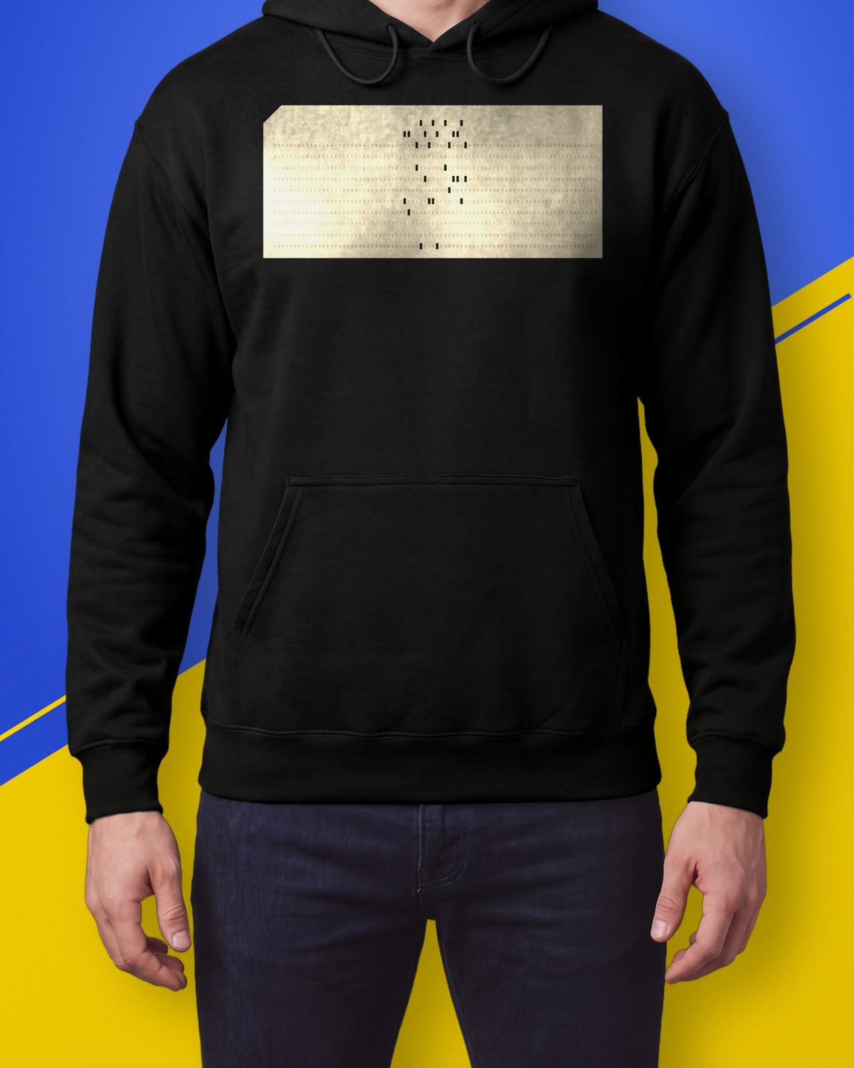 Model wearing a black hoodie with a cream 80-column punched card print on the chest
