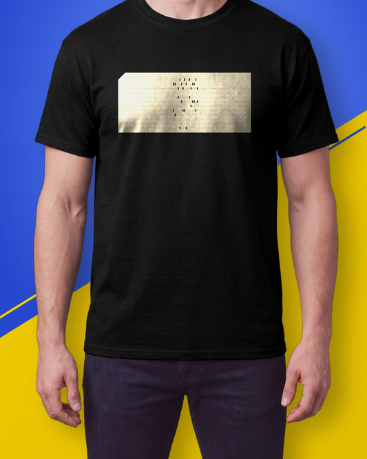 Model wearing a black T-shirt with a cream 80-column punched card print on the chest