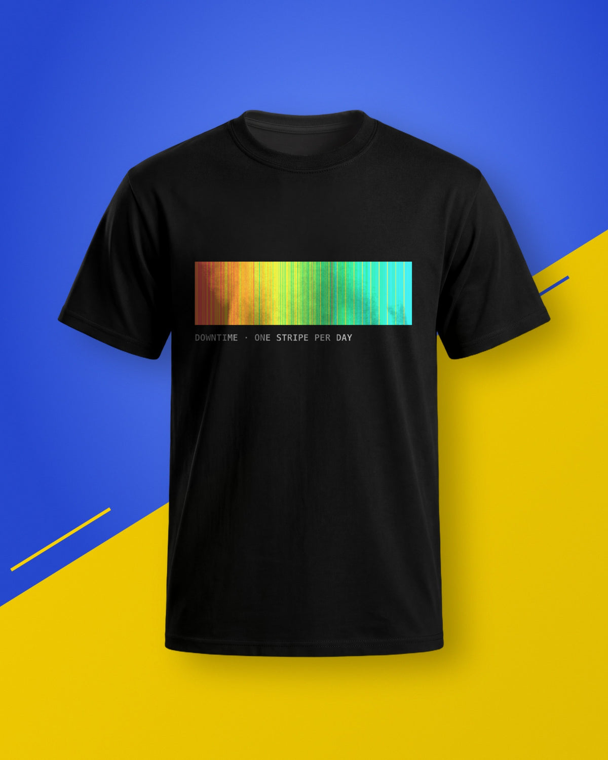 Black unisex T-shirt with a red to cyan stripe chart print, on a blue and yellow background