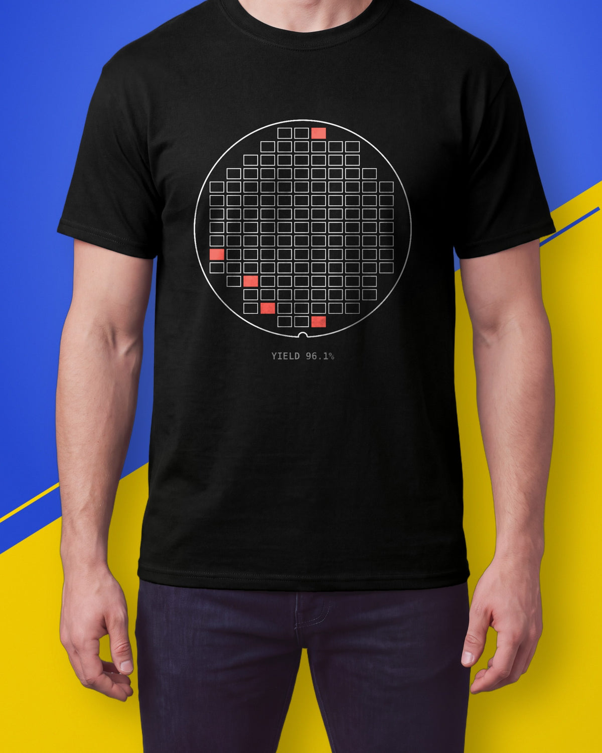 Model wearing a black T-shirt with a white silicon wafer map, red failed dies and YIELD 96.1%